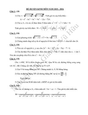 Đề huyện Kinh Môn năm 2015 - 2016 môn Toán